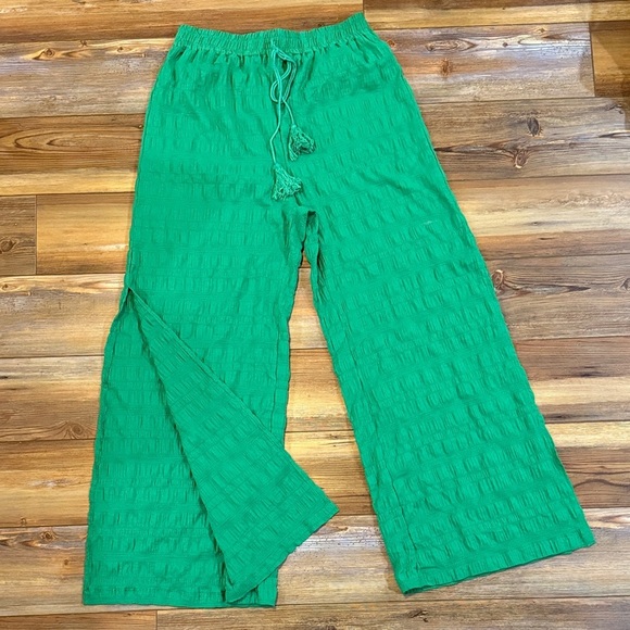 Drawstring Green Split Wide Leg Textured Pants Size L - Picture 1 of 5